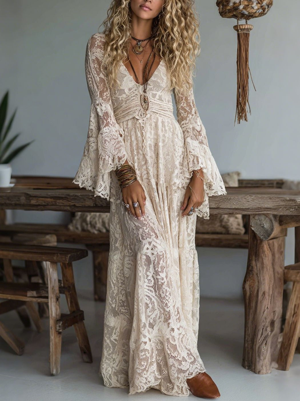 Boho Floral Lace Maxi Dress For Women - Apricot V-Neck Empire Waist Flare Sleeve Long Gown - Spring Beach Resort 2026
