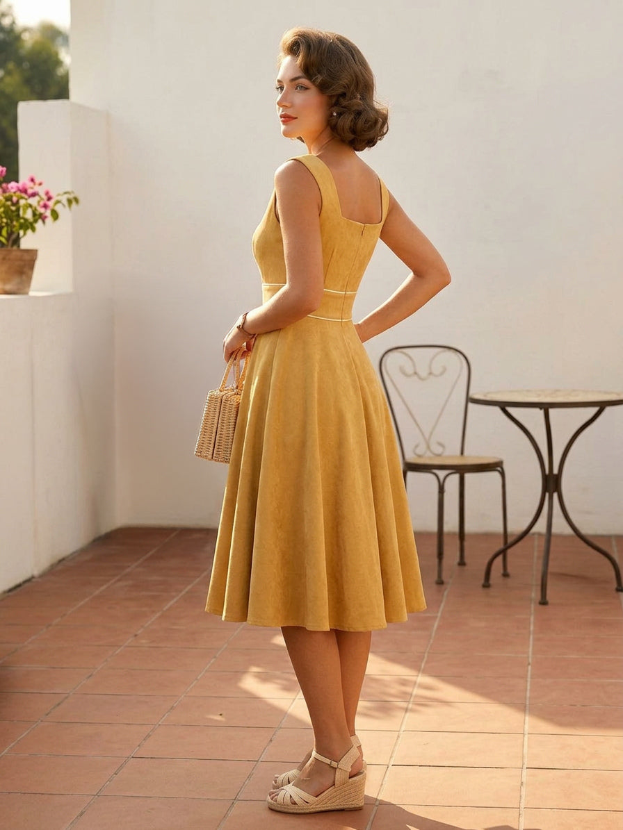 Retro Glamour Dress 1950s Style Baby Blue Piping Sleeveless Square Neck Medium Rockabilly Dress