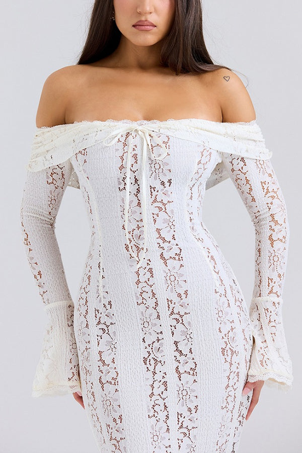 Floral Lace Off Shoulder Flare Sleeve Fishtail Maxi Dresses-White