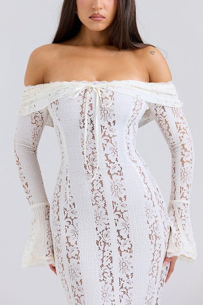 Floral Lace Off Shoulder Flare Sleeve Fishtail Maxi Dresses-White
