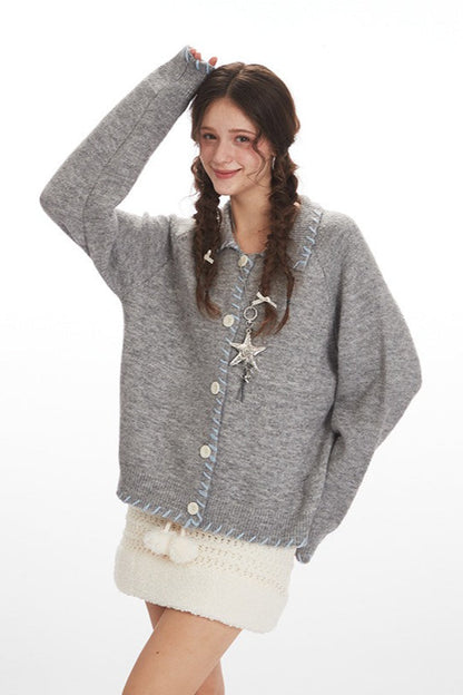 Vintage Collared Open Front Knit Top