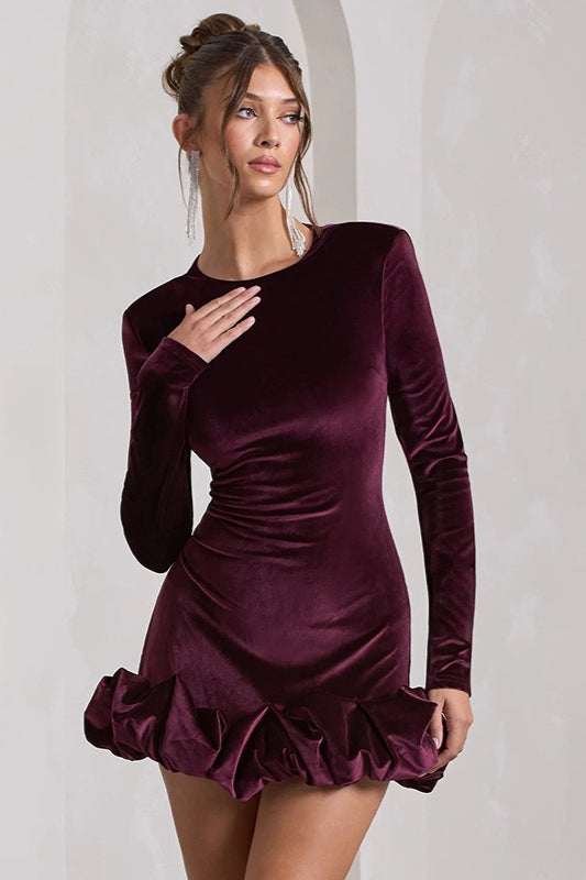 Velvet Crew Neck Ruched Long Sleeve Bubble Hem Mini Dress
