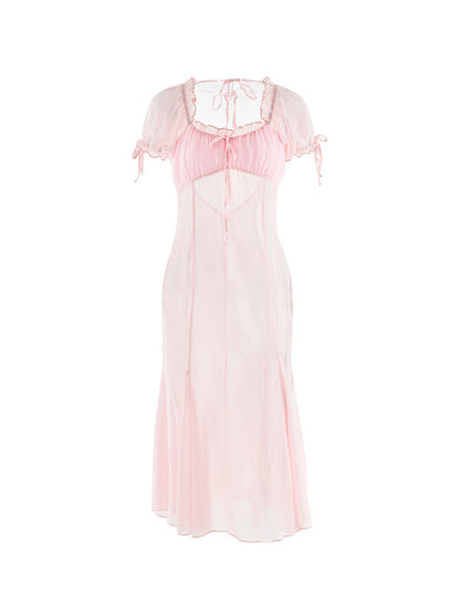 French Chiffon Splice Lace Up Backless? Midi Dress