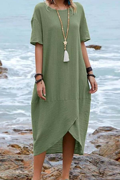 Solid Color Cotton Linen Retro Round Neck Short Sleeve Midi Dress