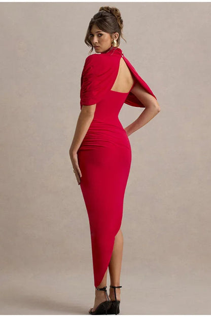 Mock Neck Crossover Ruched Draped Shoulder Wrap Bodycon Midi Dress