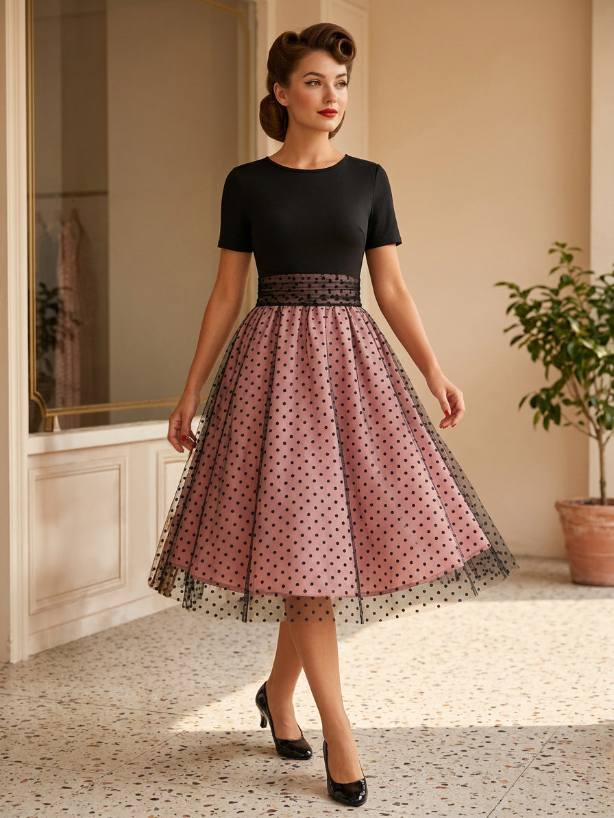 Retro Glamour Dress 1950s Style Jewel Neck Layered Short Sleeves Medium Polka Dot Rockabilly Dress
