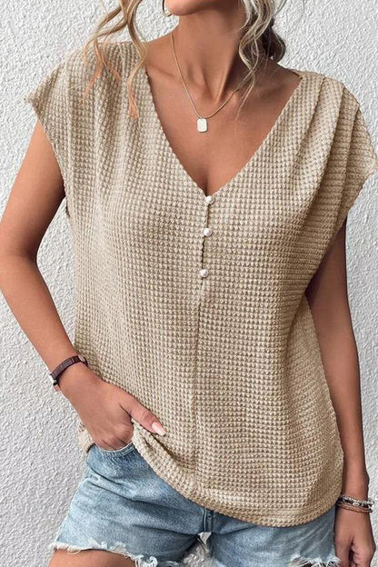 Waffle Casual Solid Color V Neck Button Pullover Women's T-Shirt