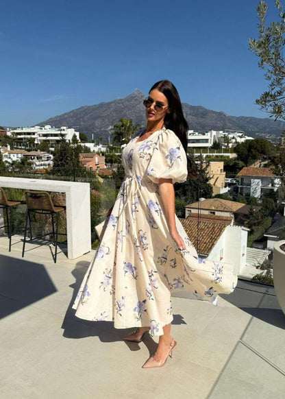 Beige Floral Puff Sleeve Maxi Dress – Elegant V-Neck A-Line Gown