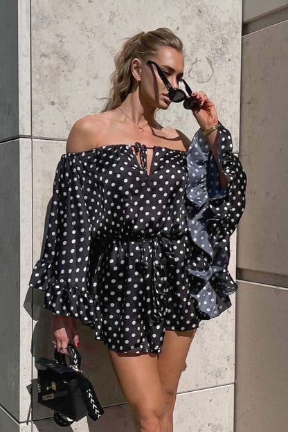 Polka Dot Off Shoulder Bell Sleeve Tie Neck Ruffle Hem Romper