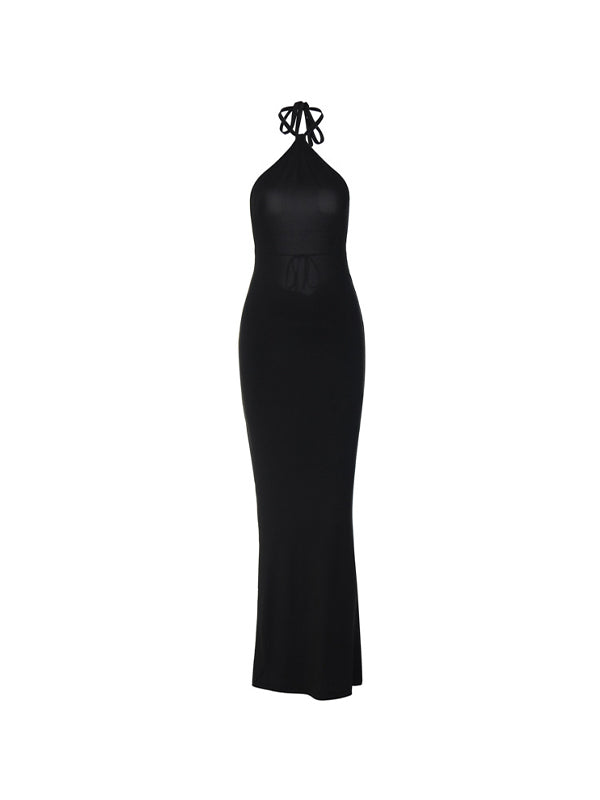 Black Y2k Backless Halter Maxi Dress