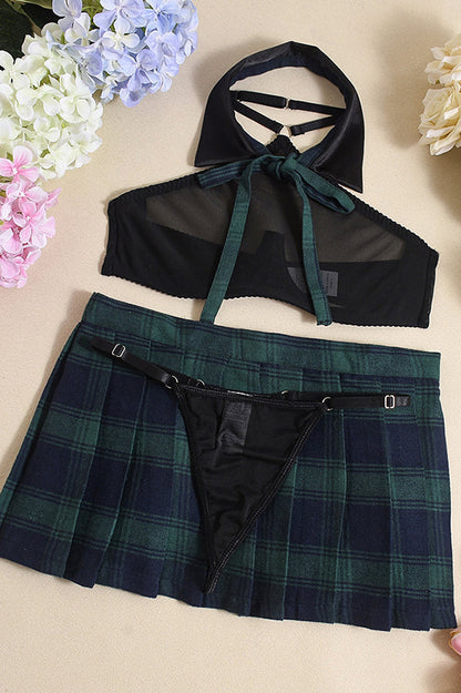 Valentine's Day Mesh See-through Bra Set and Plaid Pleated Mini Skirt