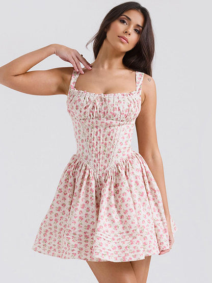 Floral Dress Mini Dresses Lace Up Straps Neck Sleeveless Cottagecore Short Dress
