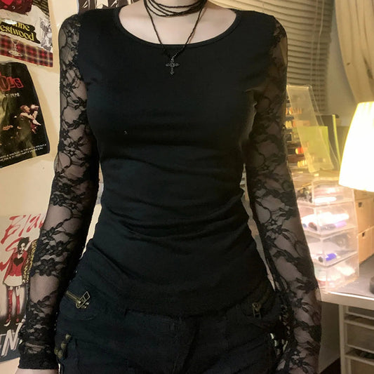 Black Gothic Lace Semi-see-through Long Sleeve Crop Knit Top