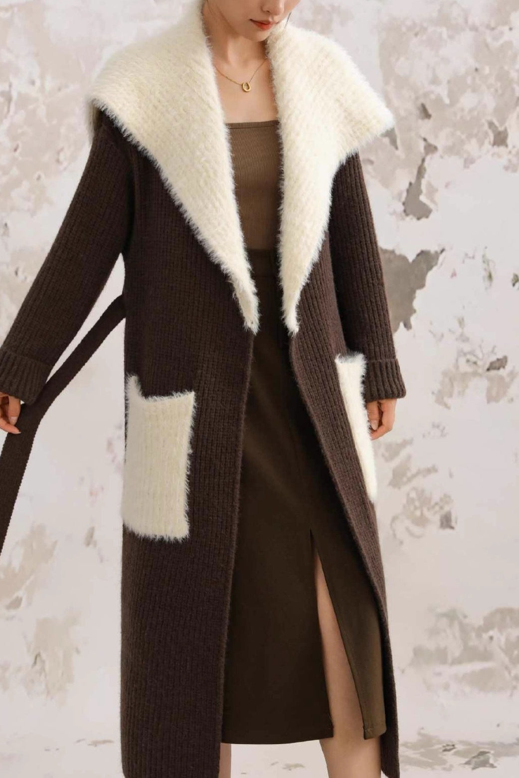 Faux Fur Collar Long Patchwork Loose Knit Overcoat