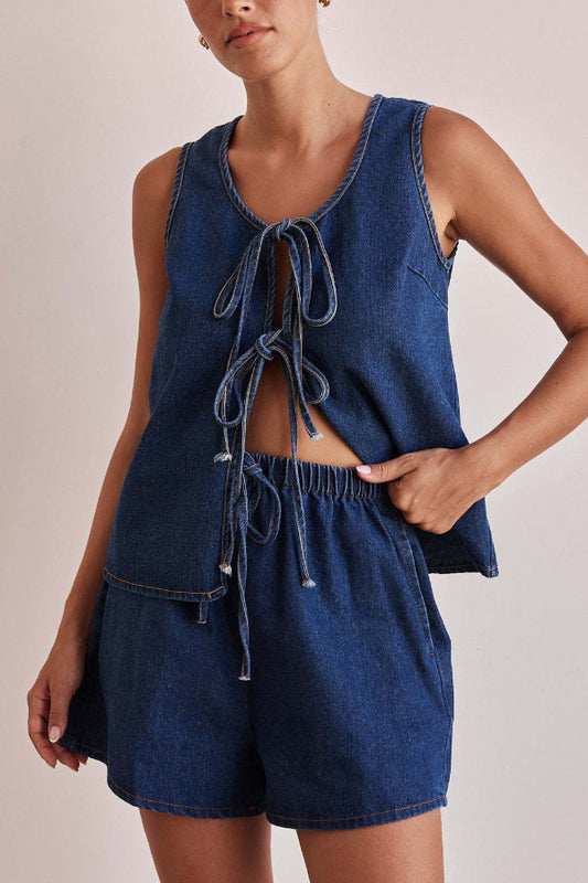 Stylish Elastic Waist Drawstring Pocket Casual Loose Denim Shorts