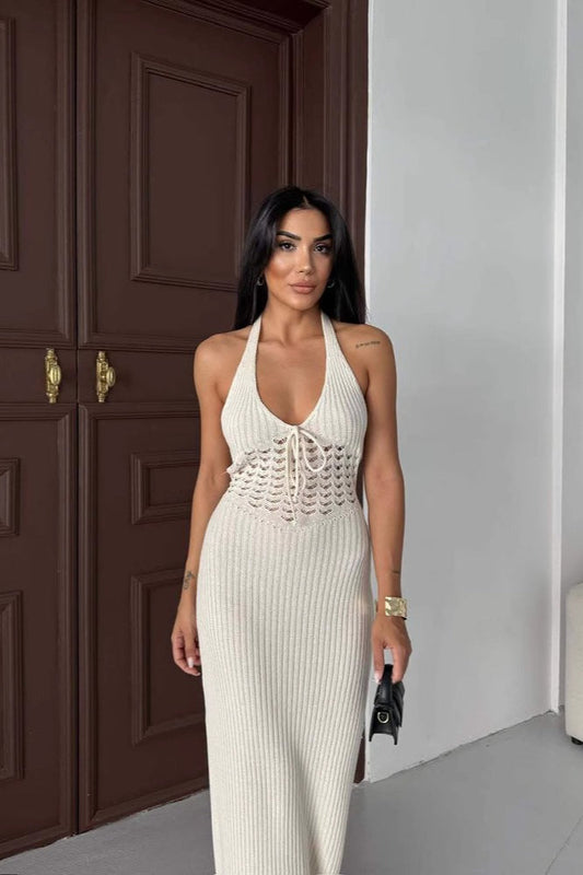 Sheer Halter Backless Maxi Dress