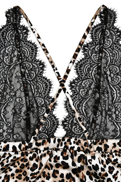 Print Lace Trim Deep V Satin Cami Mini Dress