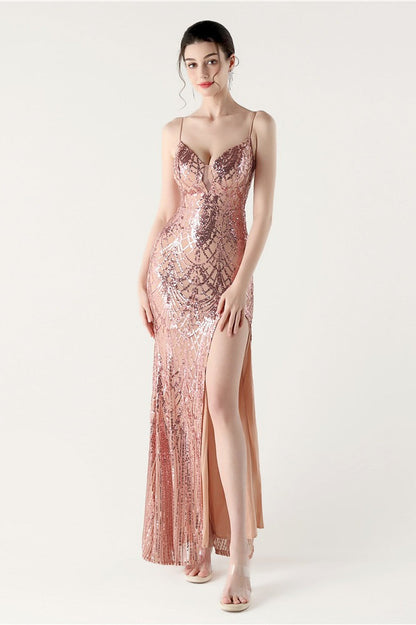 Sequin V Neck Cross Strap Mermaid Maxi Dress