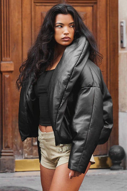 Faux Leather Stand Collar Cropped Puffer Jacket