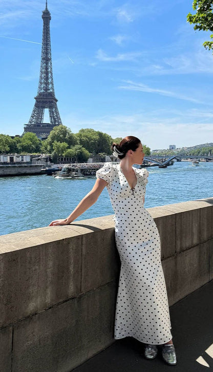 French Style Polka Dot V-Neck Bodycon Maxi Dress