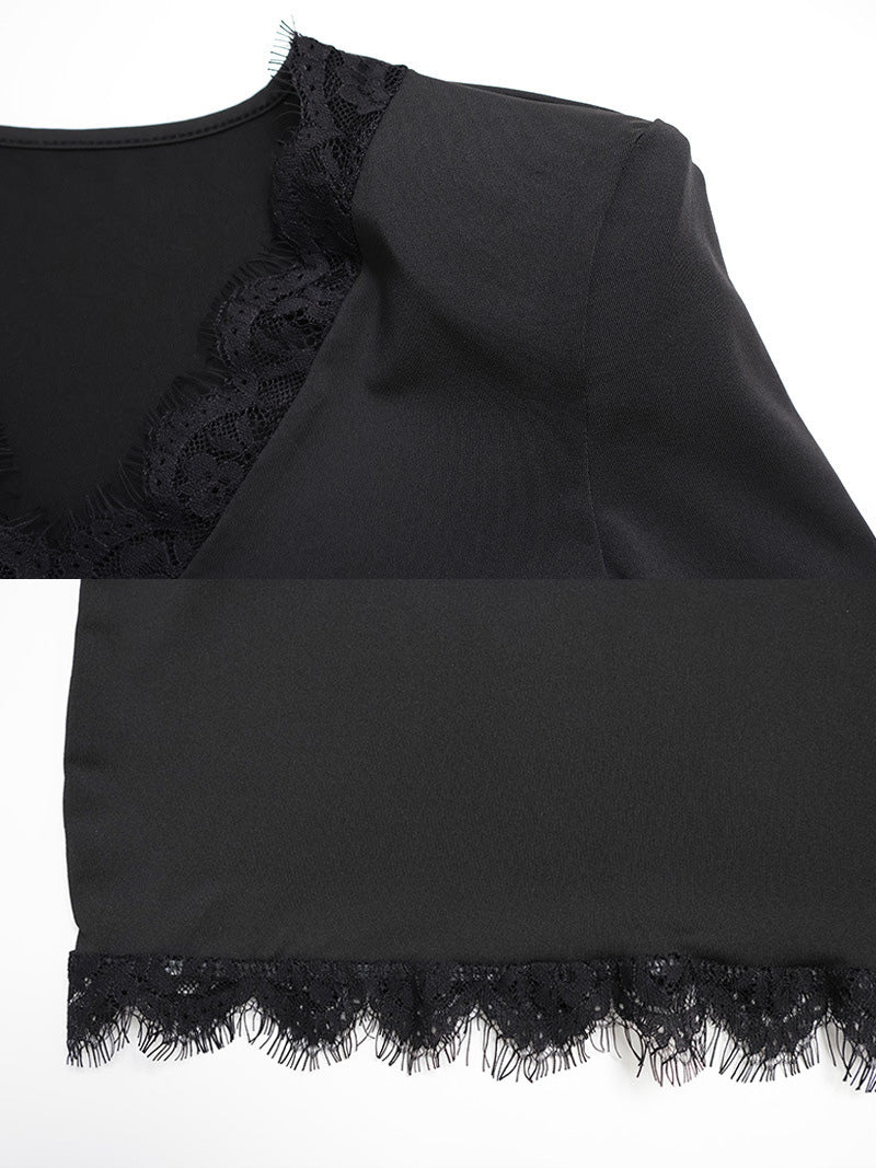 Lace Trim Long Sleeve V-Neck Bodycon Mini Party Dress For Women 2026