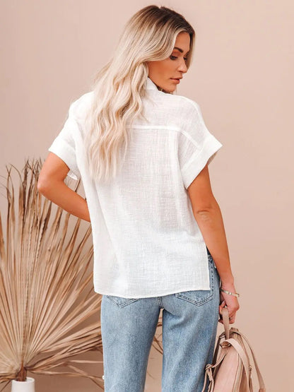 Shirt For Women Black Turndown Collar Casual Buttons Short Sleeves Tops