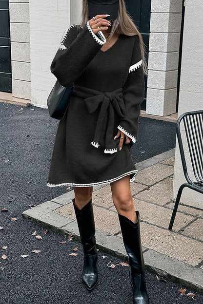 Stylish Loose-fitting Long-sleeved Tie-waist Knit Mini Dress