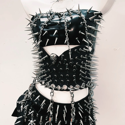 PU leather halter rivet skull metal chain o ring top