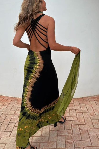 Summer Adventures Tie-dye Print Back Lace-up Stretch Maxi Dress