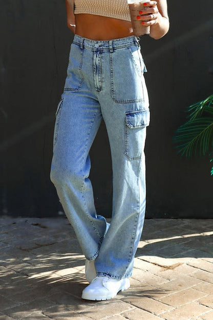 Washed denim multi-pocket non-stretch overalls