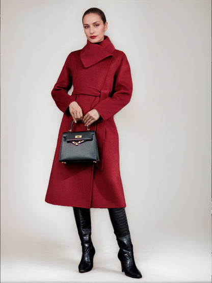 Wool Cashmere Blend Coat For Woman Winter Red Belted Double-Faced Wrap Outerwear 2026