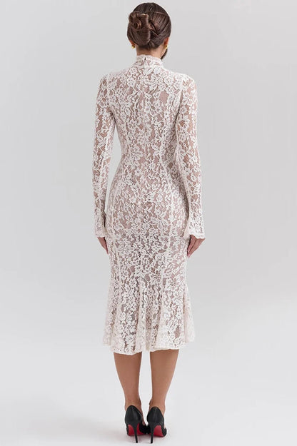 Floral Lace Mock Neck Bell Sleeve Mermaid Hem Midi Dress