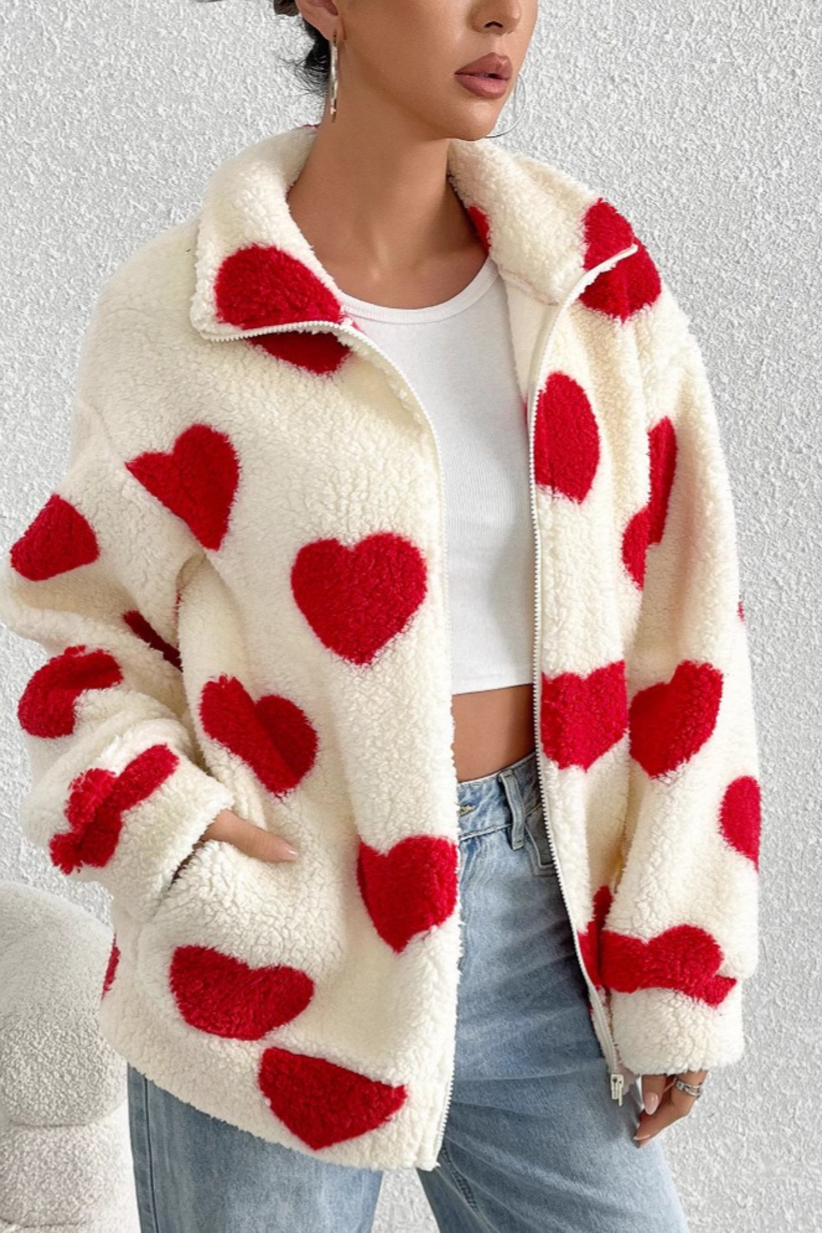 Fuzzy Heart Print Oversized Long Sleeve Zip Coat