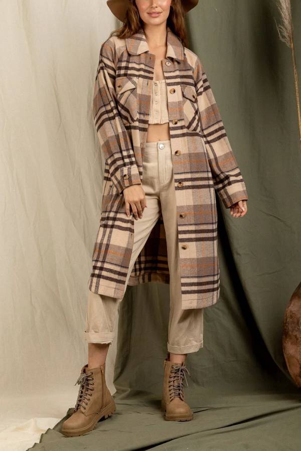 Plaid print drop shoulder overcoat