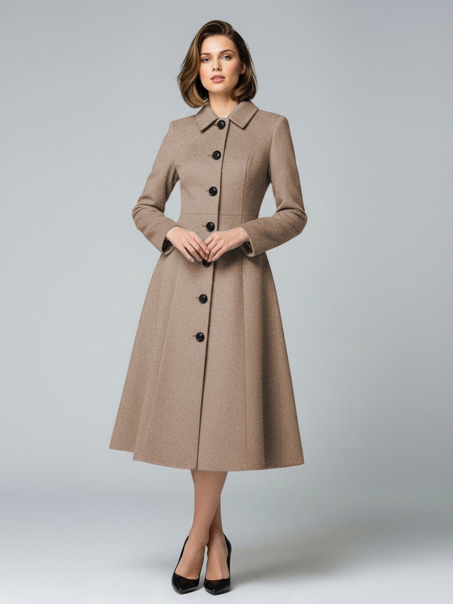 Woolen A-Line Midi Coat With Shirt Collar For Women 2026