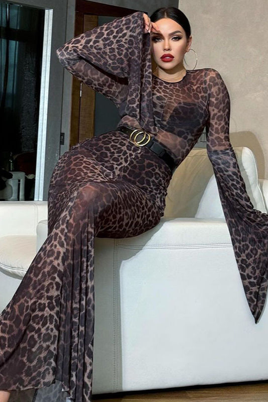 Sheer Mesh Leopard Print Mermaid Maxi Dress