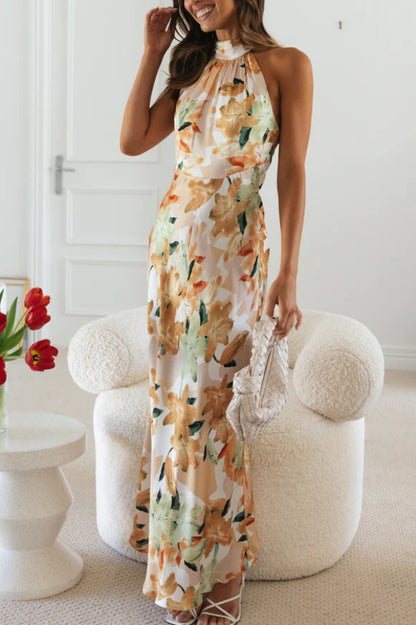 Floral Print Sleeveless Halter Neck Tie Holiday Maxi Dress