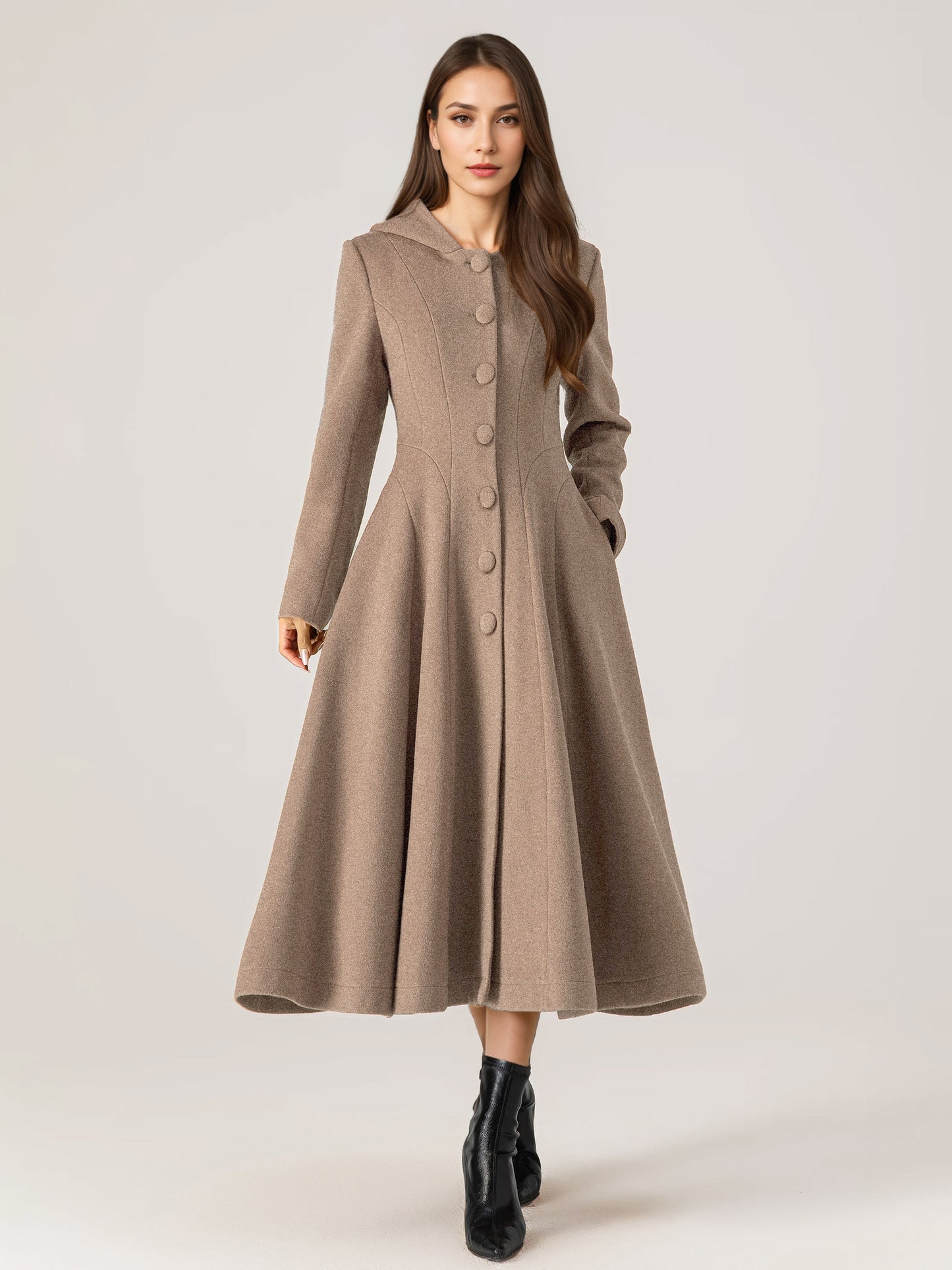 Woolen Flared Coat With Hood For Woman Red A-line Long Winter Outerwear 2026