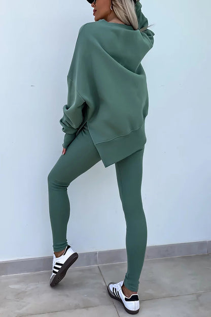 Solid Color Loose Long Sleeve SlitSweatshirt and Elastic Waist Tight Pants Set