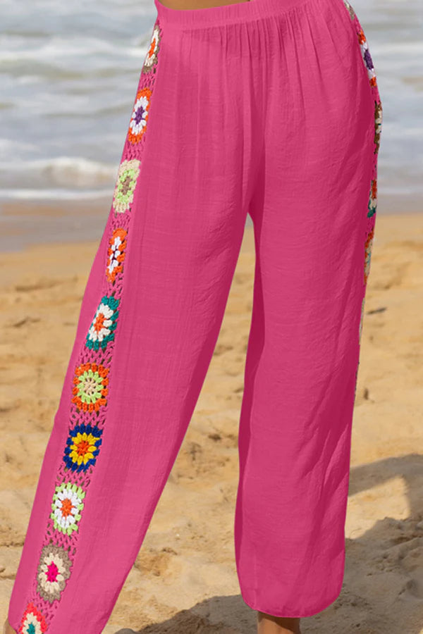 Dimarco Linen Blend Colorful Crochet Flower Patchwork Stretch Waist Wide Leg Pants