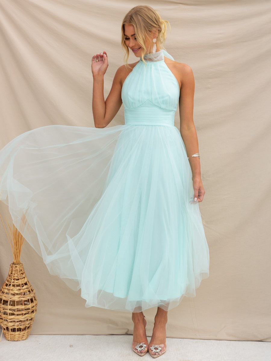 Tulle Midi Dress Halter Pleated Empire Waist Open Back Elegant Prom Dresses