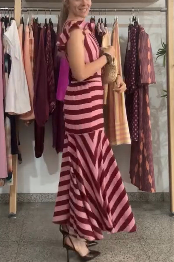 Rosha Striped Square Neck Ruffles Sleeve Smocked Top and High Rise Flare Skirt Set