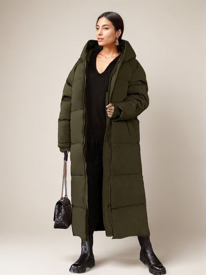 Long Puffer Coats Orange Hooded Winter Full Length Coat For Women