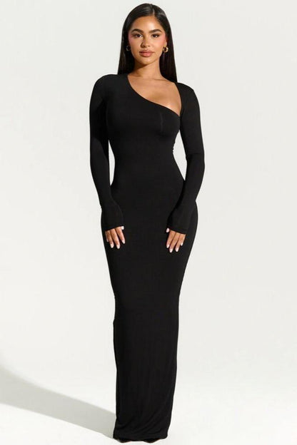 Eclipse Elegance - One-Shoulder Slim-Fit Maxi Dress
