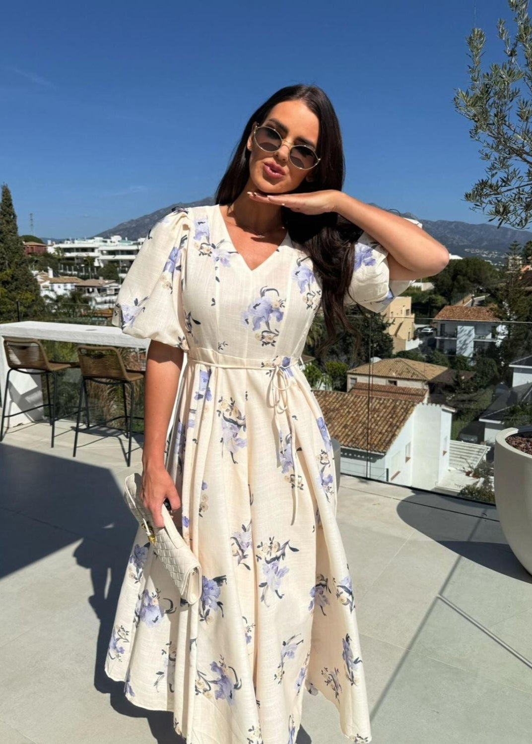 Beige Floral Puff Sleeve Maxi Dress – Elegant V-Neck A-Line Gown