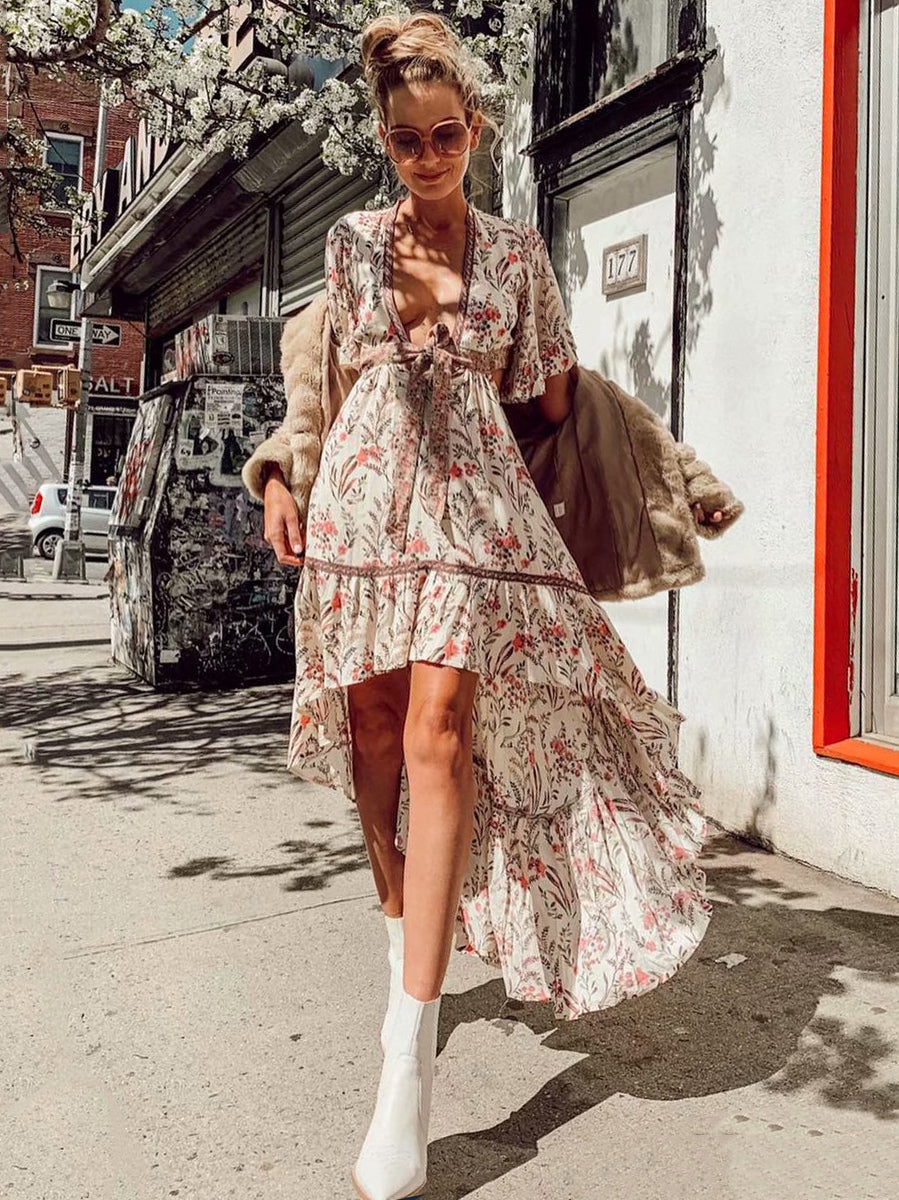Floral High Low Boho Dress for Women - Cream Pink Cut Out Tie Front Flutter Sleeve Long Dress - Summer Beach Holiday 2026