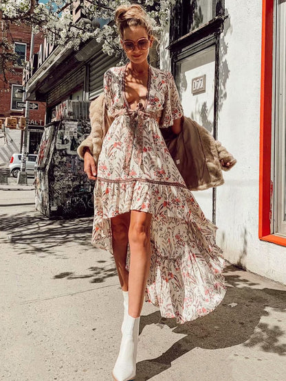 Floral High Low Boho Dress for Women - Cream Pink Cut Out Tie Front Flutter Sleeve Long Dress - Summer Beach Holiday 2026
