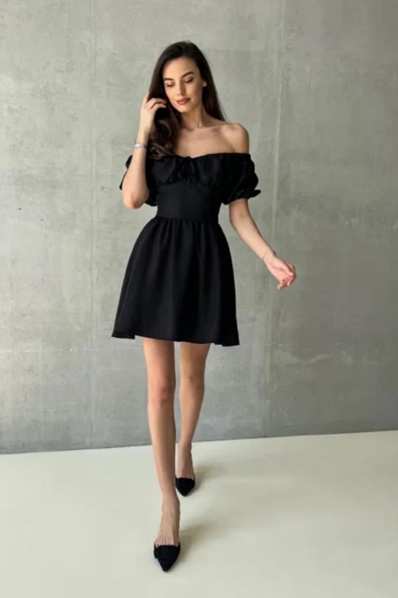 Off Shoulder Puff Sleeve Tie Back Bow A-Line Mini Dress