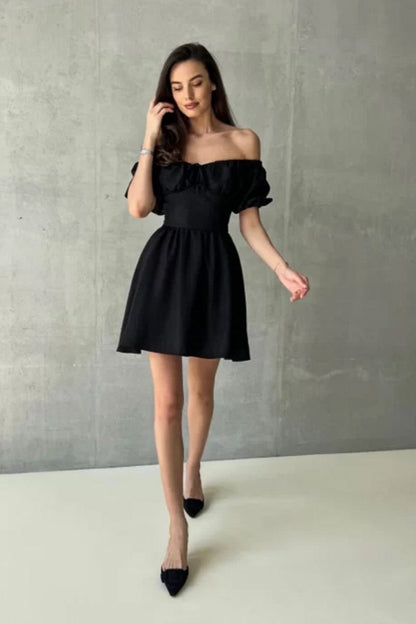 Off Shoulder Puff Sleeve Tie Back Bow A-Line Mini Dress