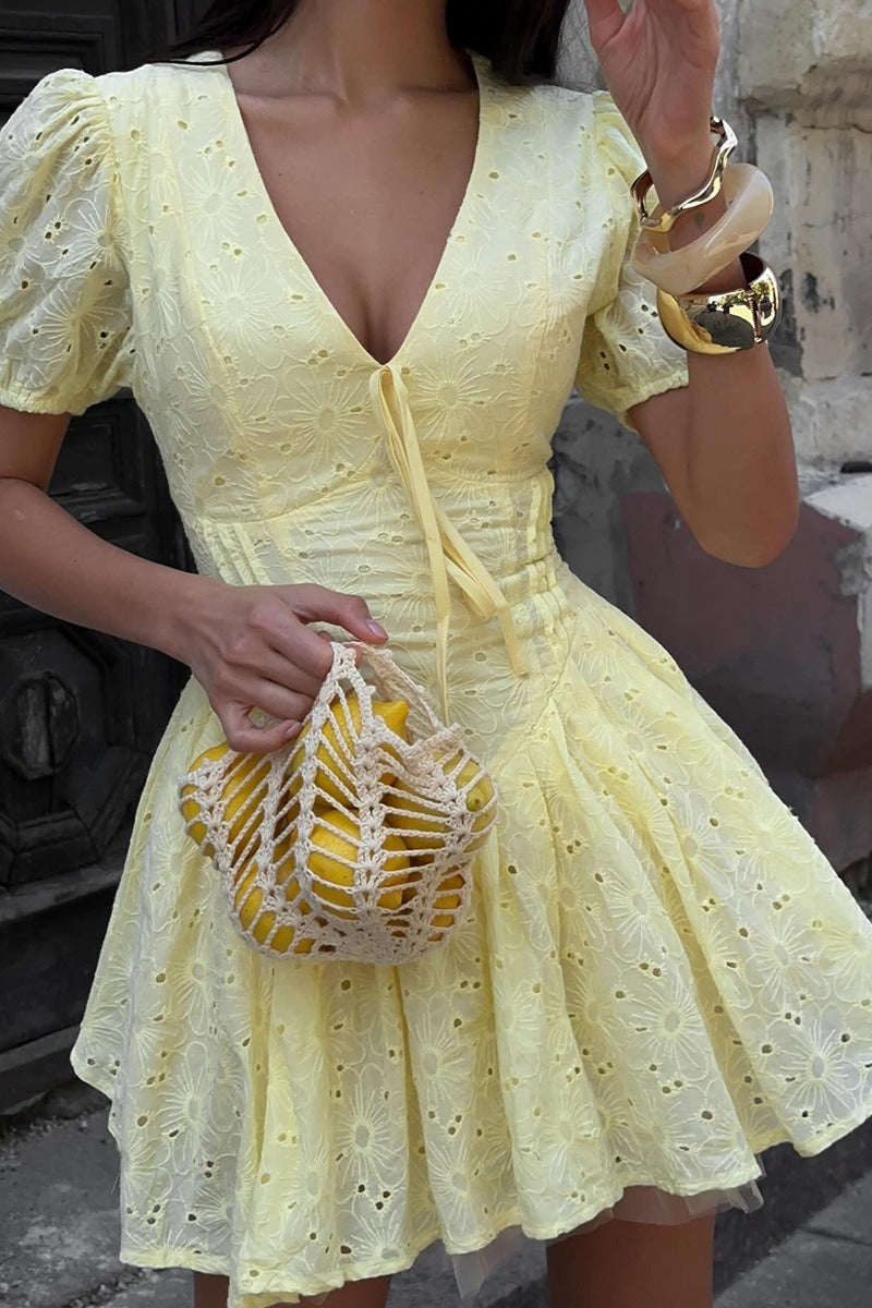 Eyelet Lace V-Neck Tie Front Puff Sleeve Fit and Flare Mini Dress